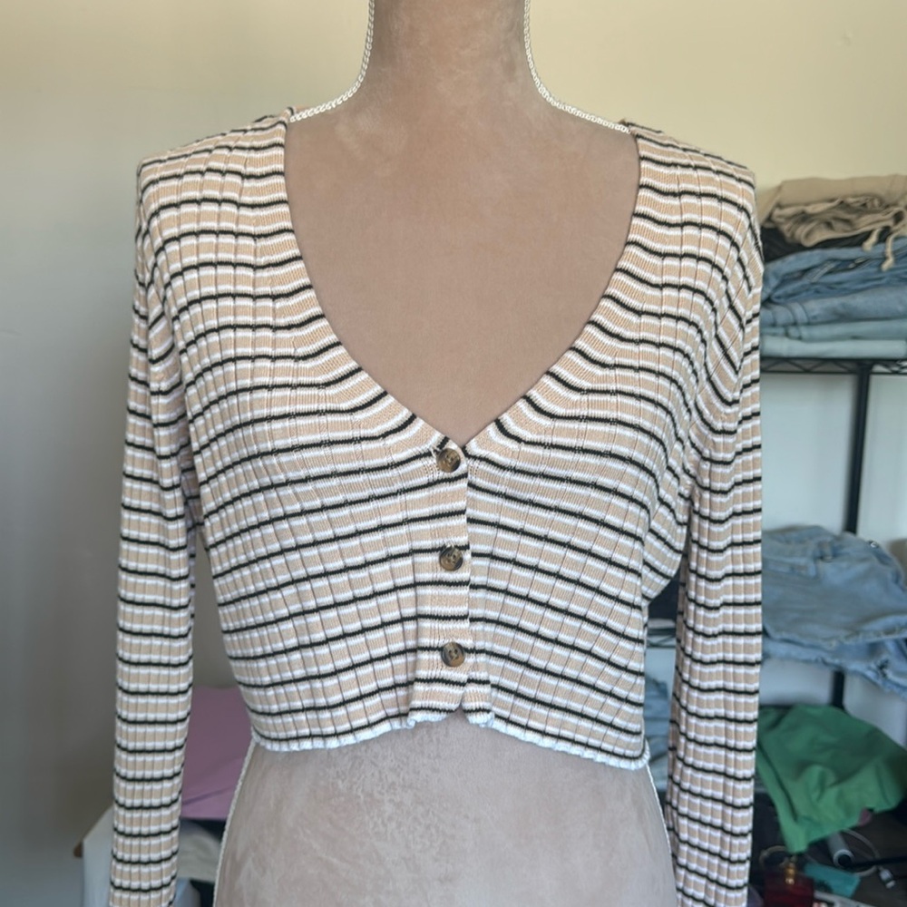 LA Hearts striped cropped button up sweater long sleeve